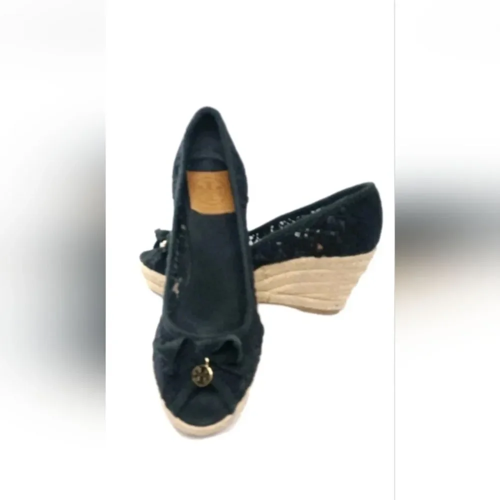 Tory Burch Jackie Wedge Espadrille Shoes Women’s Size 8.5 Black Crochet  Lace